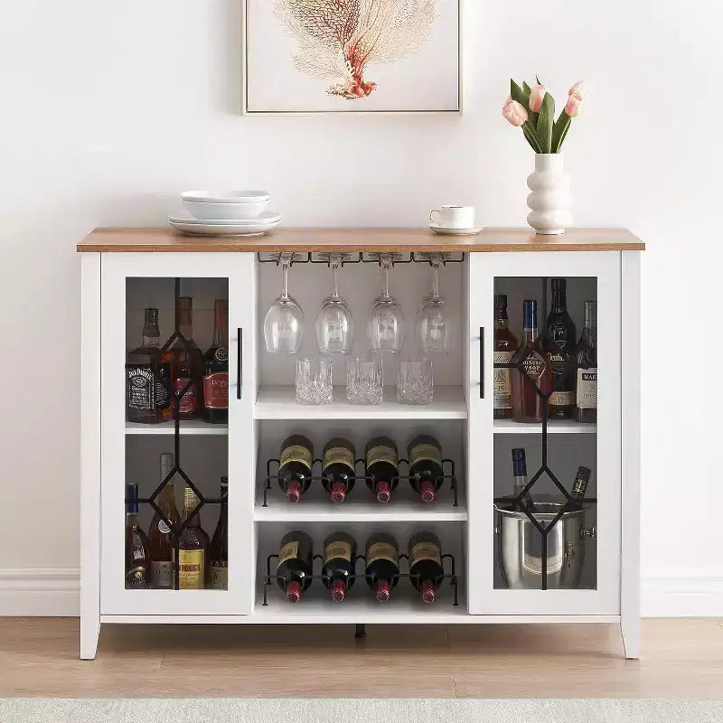 Mobile Bar con Vetrina, Credenza da Bar con Portabottiglie, Tavolo con Contenitore, Madia da Liquore con Ripiani Regolabili per Soggiorno
