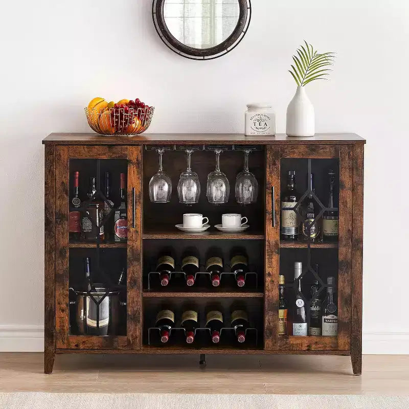 Mobile Bar con Vetrina, Credenza da Bar con Portabottiglie, Tavolo con Contenitore, Madia da Liquore con Ripiani Regolabili per Soggiorno