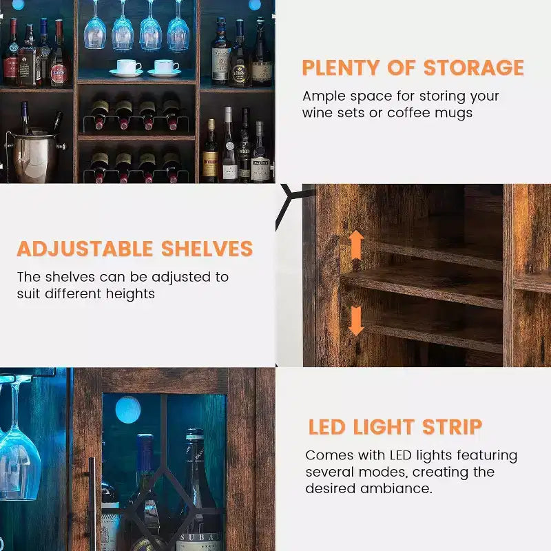 Mobile Bar con Vetrina, Credenza da Bar con Portabottiglie, Tavolo con Contenitore, Madia da Liquore con Ripiani Regolabili per Soggiorno