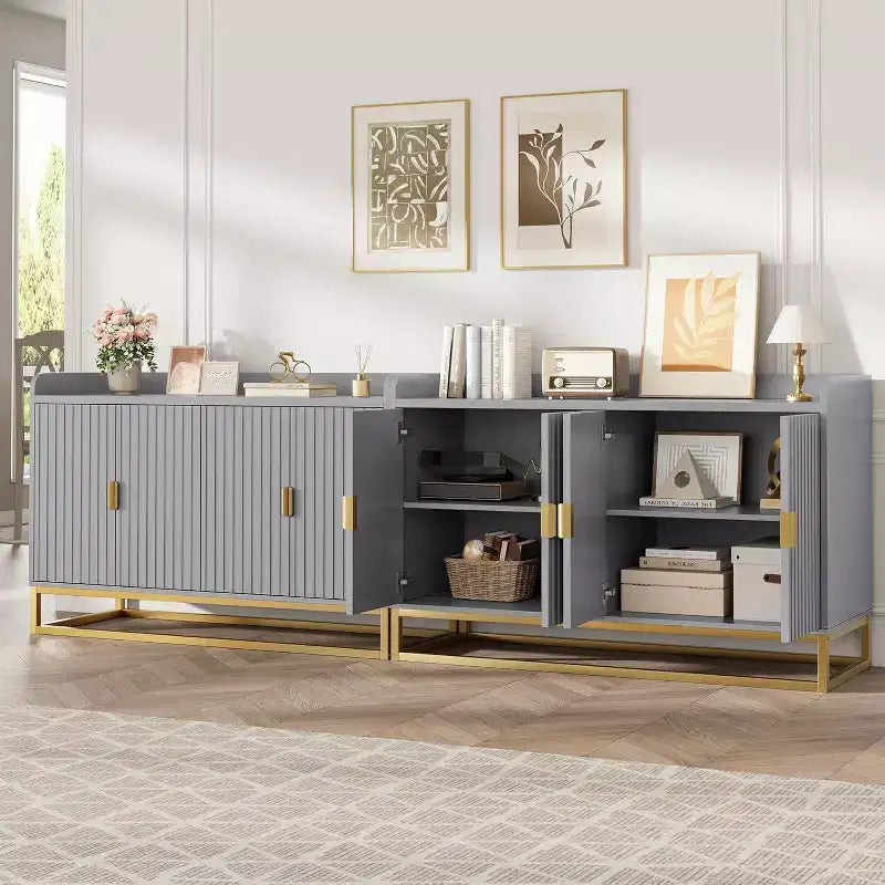 Credenza scanalata da 120 cm con armadietto, credenza moderna da cucina con ripiani regolabili con ante per soggiorno, cucina, ingresso