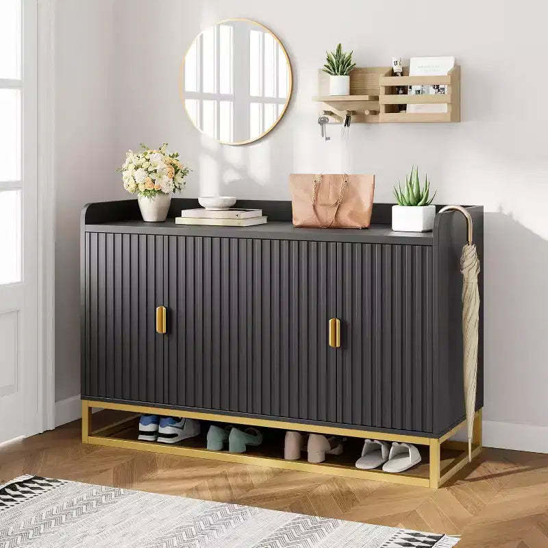 Credenza scanalata da 120 cm con armadietto, credenza moderna da cucina con ripiani regolabili con ante per soggiorno, cucina, ingresso