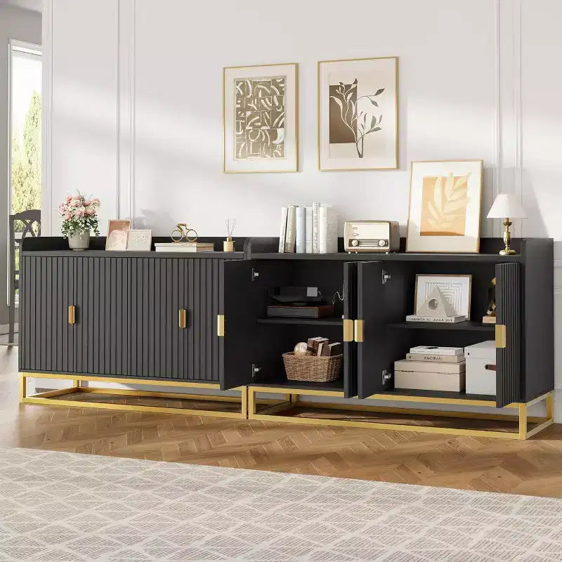 Credenza scanalata da 120 cm con armadietto, credenza moderna da cucina con ripiani regolabili con ante per soggiorno, cucina, ingresso
