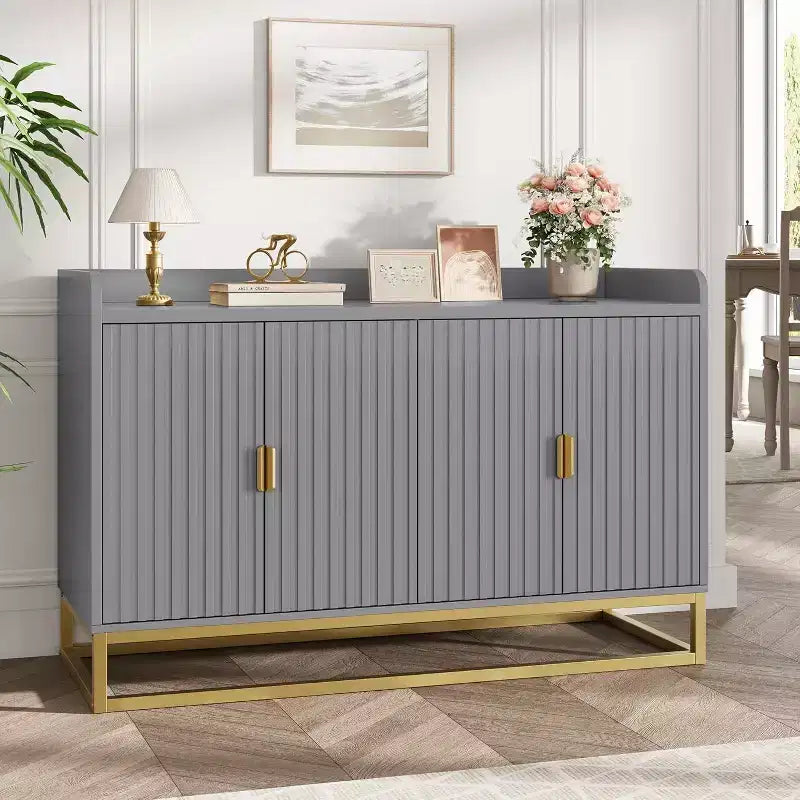 Credenza scanalata da 120 cm con armadietto, credenza moderna da cucina con ripiani regolabili con ante per soggiorno, cucina, ingresso