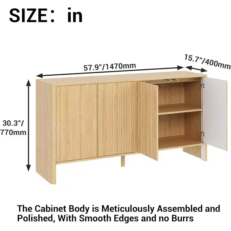 Mobile Credenza a Buffet da 58 Pollici, Armadio Moderno con Ante Scanalate e 4 Ante, Mobile Contenitore con Ripiani Regolabili per Cucina e Ingresso