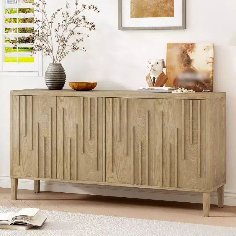55 Inch 3-Door Dining Storage Sideboard, Contemporary Black Sideboard with Ash Veneer & Hidden Handles