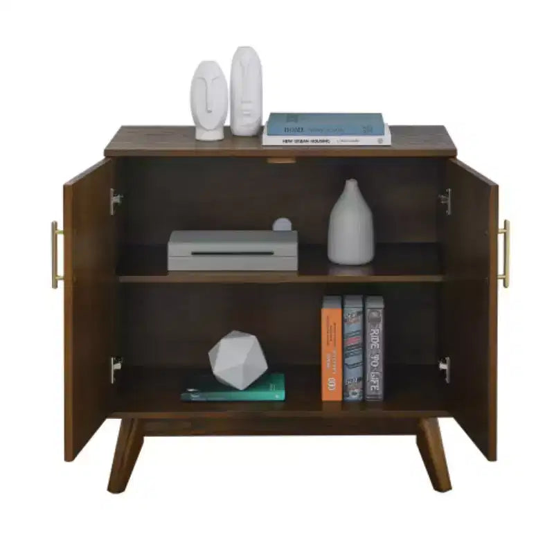 Mobile contenitore a colonna Mid-Century Modern da 81 cm, piccola credenza a 2 ante con gambe in legno massello e maniglie dorate - Panipeachy