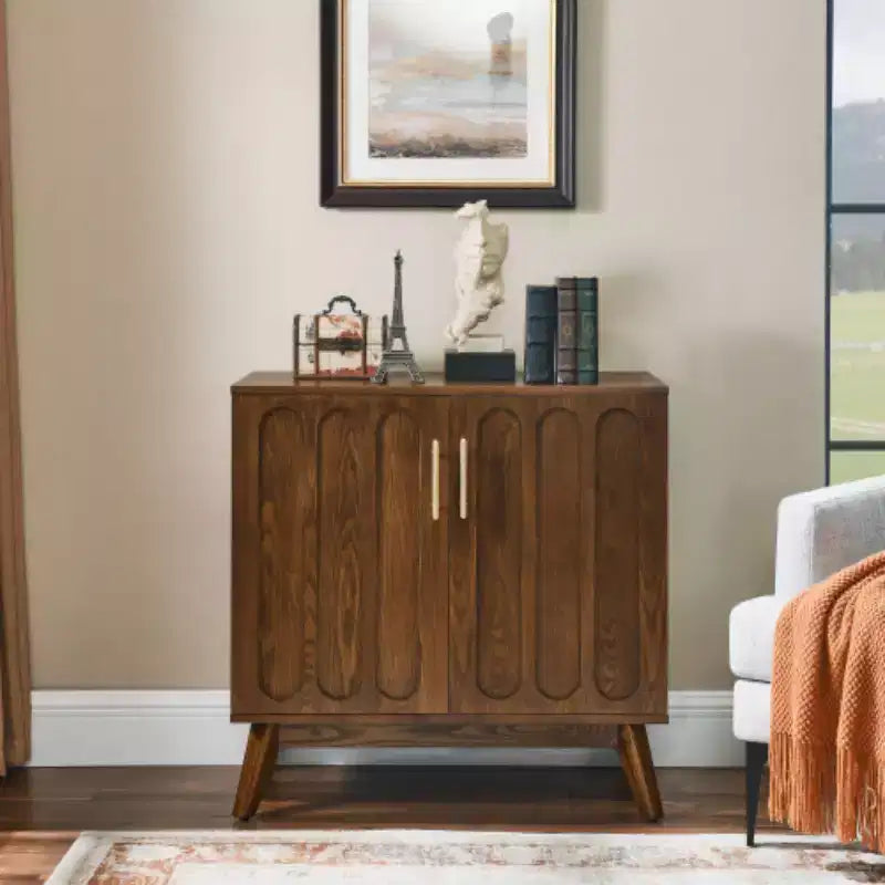 Mobile contenitore a colonna Mid-Century Modern da 81 cm, piccola credenza a 2 ante con gambe in legno massello e maniglie dorate - Panipeachy