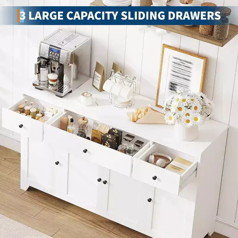 Credenza Madia con Contenitore, Mobile Contenitore da Cucina Minimalista con 3 Cassetti e 4 Ante, Tavolo Console da Fattoria Mobile Bar per Cucina