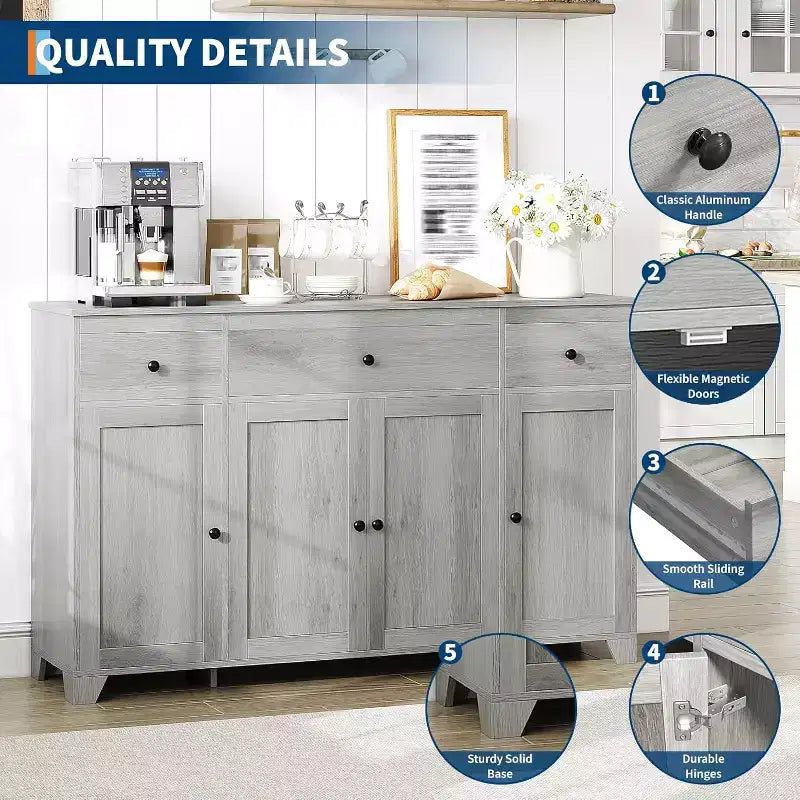 Credenza Madia con Contenitore, Mobile Contenitore da Cucina Minimalista con 3 Cassetti e 4 Ante, Tavolo Console da Fattoria Mobile Bar per Cucina