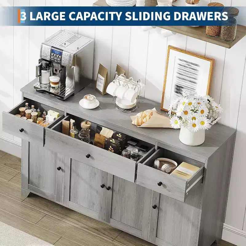 Credenza Madia con Contenitore, Mobile Contenitore da Cucina Minimalista con 3 Cassetti e 4 Ante, Tavolo Console da Fattoria Mobile Bar per Cucina
