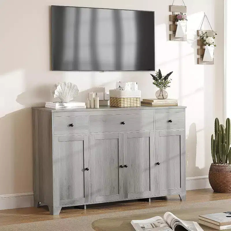 Credenza Madia con Contenitore, Mobile Contenitore da Cucina Minimalista con 3 Cassetti e 4 Ante, Tavolo Console da Fattoria Mobile Bar per Cucina