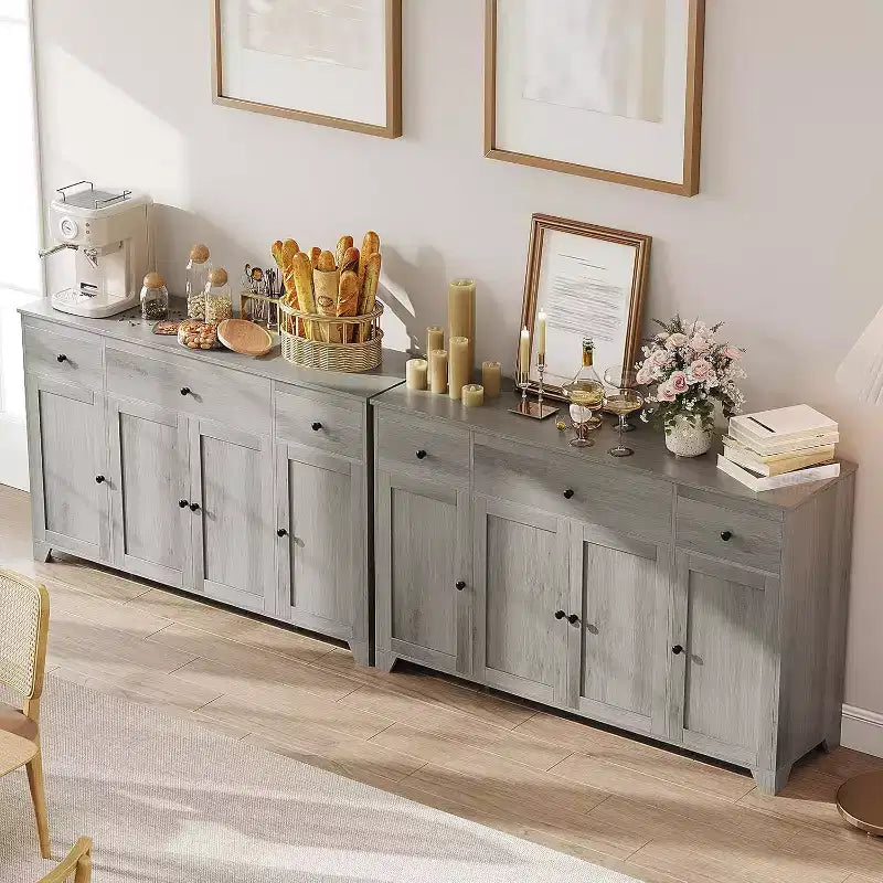 Credenza Madia con Contenitore, Mobile Contenitore da Cucina Minimalista con 3 Cassetti e 4 Ante, Tavolo Console da Fattoria Mobile Bar per Cucina