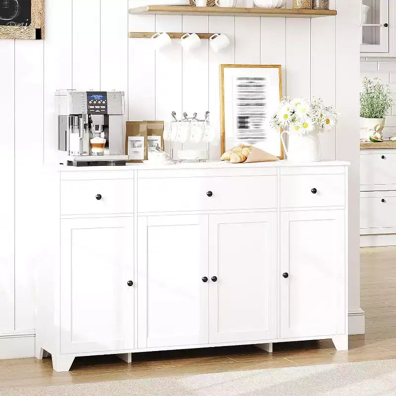 Credenza Madia con Contenitore, Mobile Contenitore da Cucina Minimalista con 3 Cassetti e 4 Ante, Tavolo Console da Fattoria Mobile Bar per Cucina