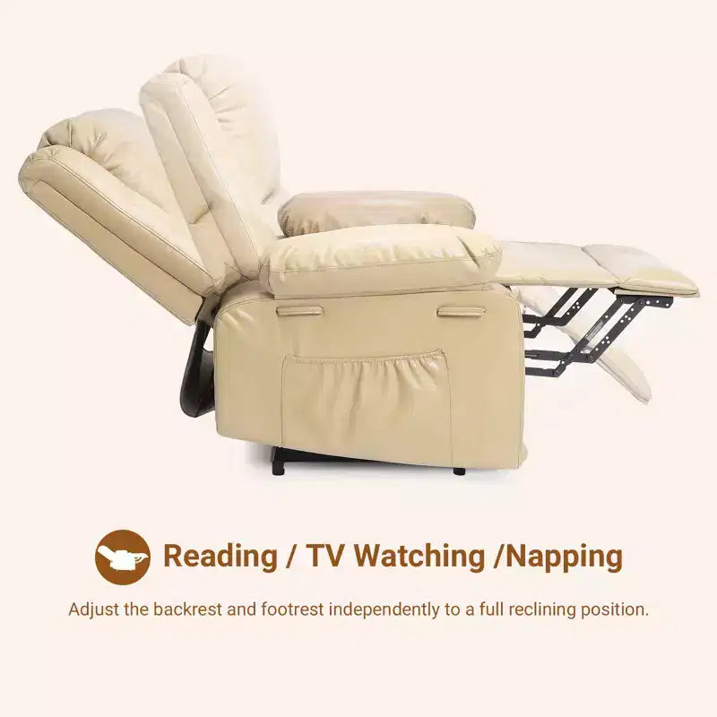 Poltrona reclinabile elevabile per anziani, divano elettrico massaggiante e riscaldato con telecomando, in pelle PU, con tasca laterale, beige