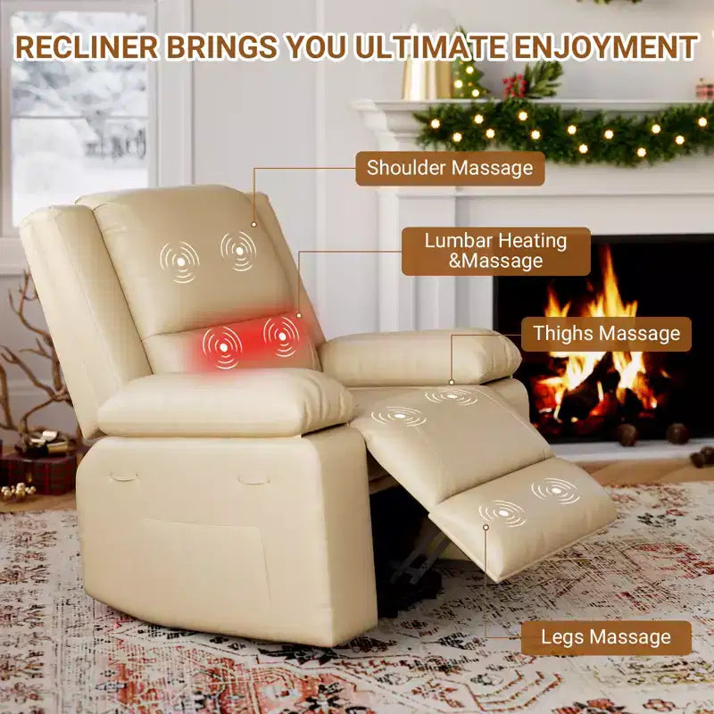 Poltrona reclinabile elevabile per anziani, divano elettrico massaggiante e riscaldato con telecomando, in pelle PU, con tasca laterale, beige