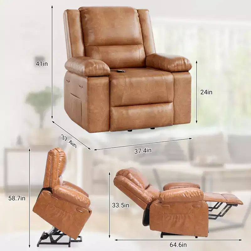 Poltrona reclinabile elevabile per anziani, divano elettrico massaggiante e riscaldato con telecomando, in pelle PU, con tasca laterale, beige