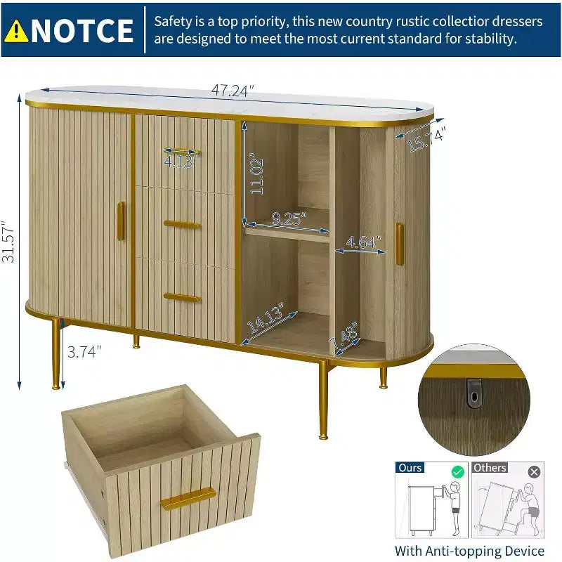 Credenza/Buffet 47" con vano contenitore, mobile consolle scanalato con gambe in metallo e 3 cassetti, piano effetto marmo per sala da pranzo, soggiorno, ingresso
