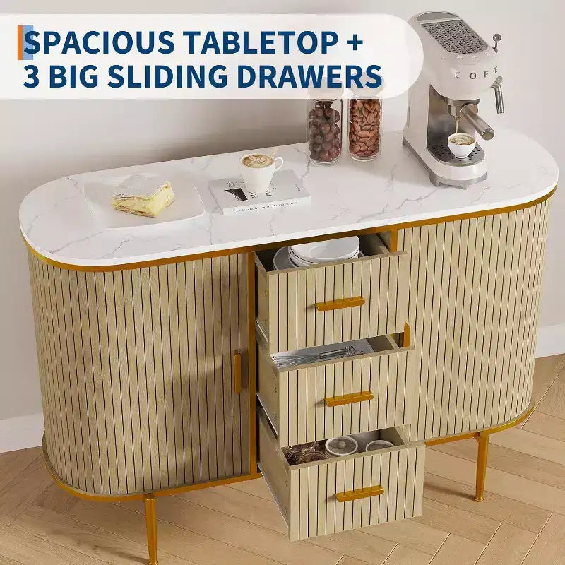 Credenza/Buffet 47" con vano contenitore, mobile consolle scanalato con gambe in metallo e 3 cassetti, piano effetto marmo per sala da pranzo, soggiorno, ingresso
