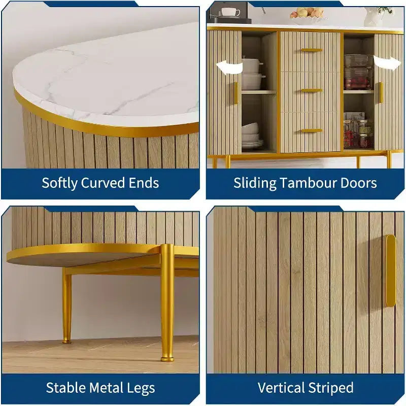 Credenza/Buffet 47" con vano contenitore, mobile consolle scanalato con gambe in metallo e 3 cassetti, piano effetto marmo per sala da pranzo, soggiorno, ingresso