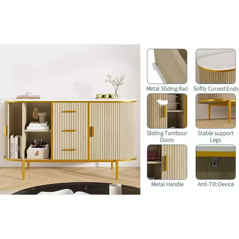 Credenza/Buffet 47" con vano contenitore, mobile consolle scanalato con gambe in metallo e 3 cassetti, piano effetto marmo per sala da pranzo, soggiorno, ingresso
