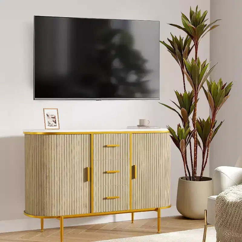 Credenza/Buffet 47" con vano contenitore, mobile consolle scanalato con gambe in metallo e 3 cassetti, piano effetto marmo per sala da pranzo, soggiorno, ingresso
