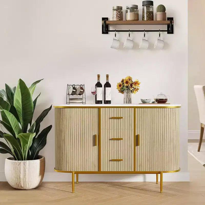 Credenza/Buffet 47" con vano contenitore, mobile consolle scanalato con gambe in metallo e 3 cassetti, piano effetto marmo per sala da pranzo, soggiorno, ingresso