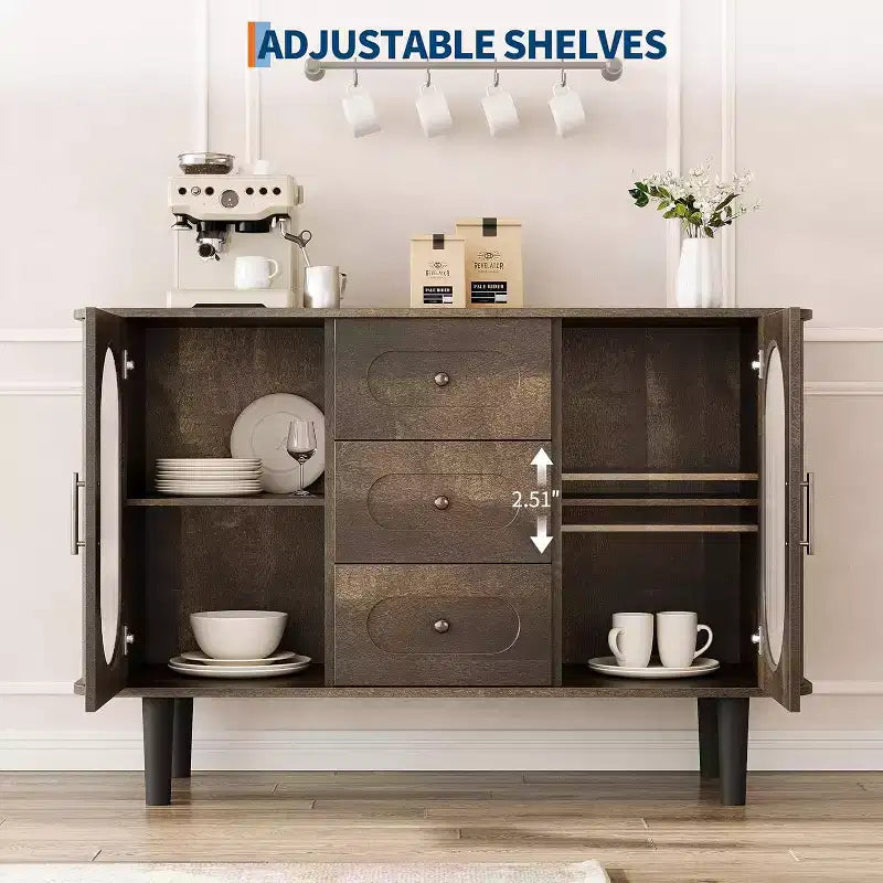 47.2 Armoire de buffet avec 2 portes en verre cannelé et 3 tiroirs, meuble d'appoint de style ferme moderne avec étagères réglables pour cuisine, salon
