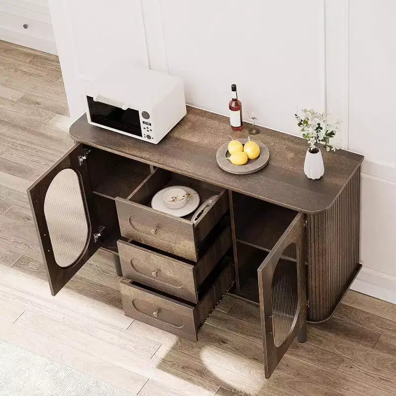 47.2 Armoire de buffet avec 2 portes en verre cannelé et 3 tiroirs, meuble d'appoint de style ferme moderne avec étagères réglables pour cuisine, salon