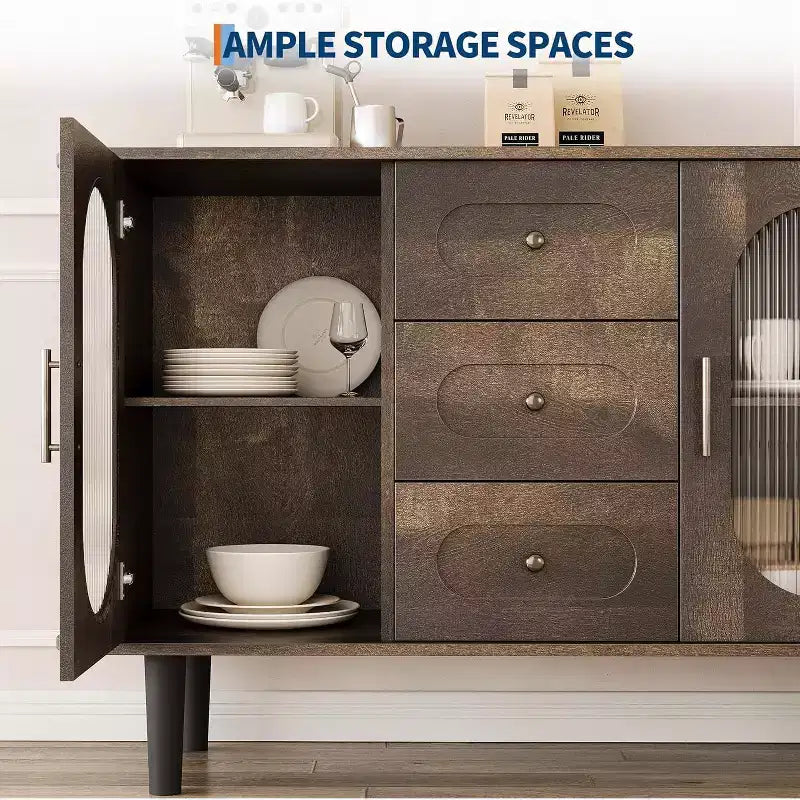 47.2 Armoire de buffet avec 2 portes en verre cannelé et 3 tiroirs, meuble d'appoint de style ferme moderne avec étagères réglables pour cuisine, salon