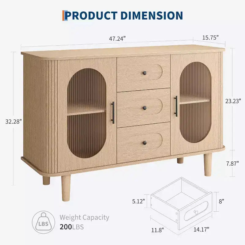 47.2 Armoire de buffet avec 2 portes en verre cannelé et 3 tiroirs, meuble d'appoint de style ferme moderne avec étagères réglables pour cuisine, salon