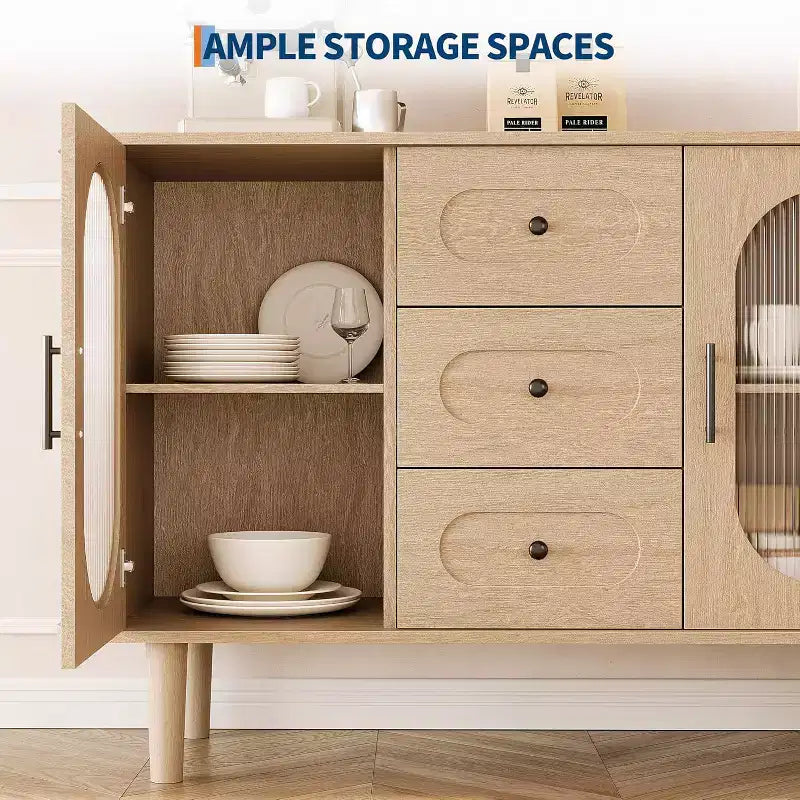 47.2 Armoire de buffet avec 2 portes en verre cannelé et 3 tiroirs, meuble d'appoint de style ferme moderne avec étagères réglables pour cuisine, salon