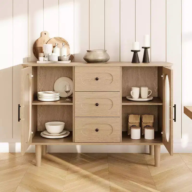 47.2 Armoire de buffet avec 2 portes en verre cannelé et 3 tiroirs, meuble d'appoint de style ferme moderne avec étagères réglables pour cuisine, salon