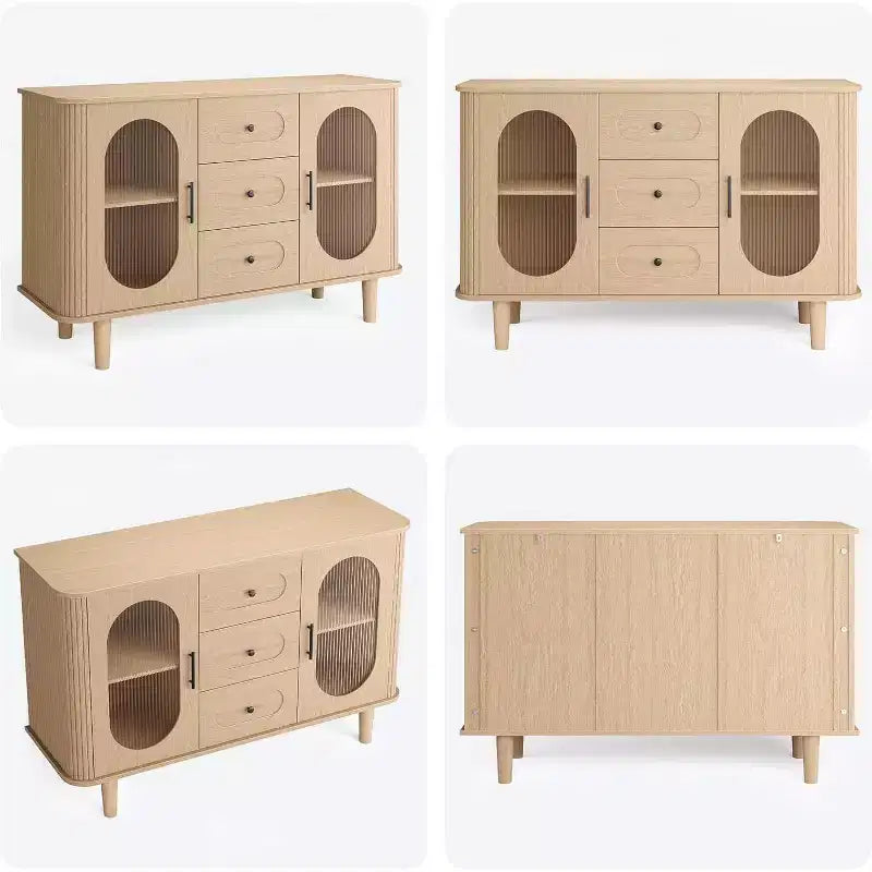 47.2 Armoire de buffet avec 2 portes en verre cannelé et 3 tiroirs, meuble d'appoint de style ferme moderne avec étagères réglables pour cuisine, salon