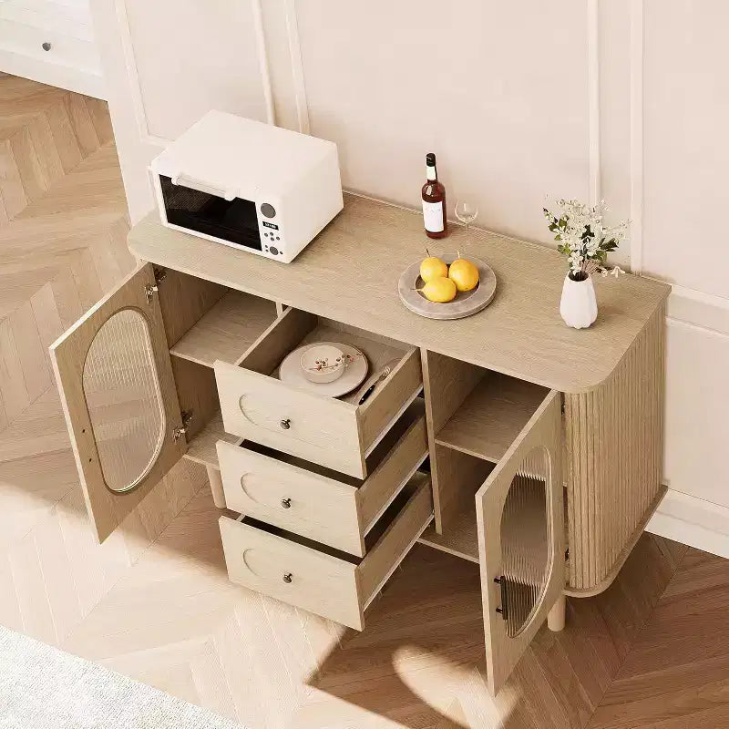 47.2 Armoire de buffet avec 2 portes en verre cannelé et 3 tiroirs, meuble d'appoint de style ferme moderne avec étagères réglables pour cuisine, salon