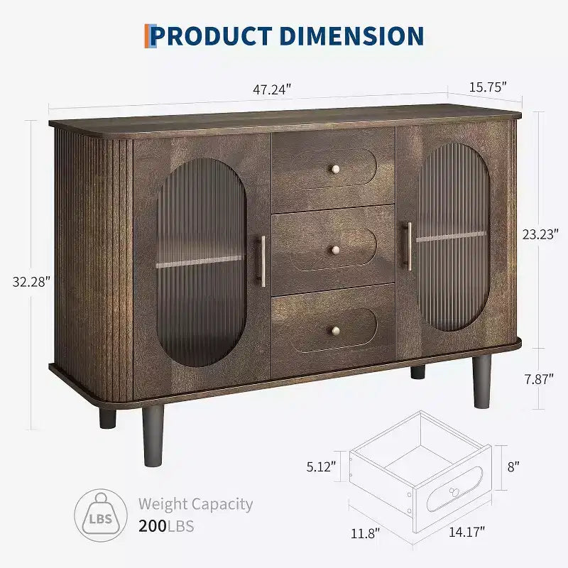 47.2 Armoire de buffet avec 2 portes en verre cannelé et 3 tiroirs, meuble d'appoint de style ferme moderne avec étagères réglables pour cuisine, salon