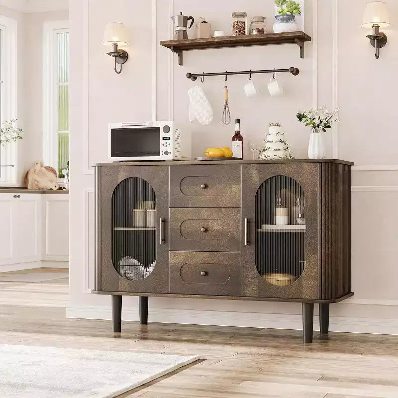 47.2 Armoire de buffet avec 2 portes en verre cannelé et 3 tiroirs, meuble d'appoint de style ferme moderne avec étagères réglables pour cuisine, salon