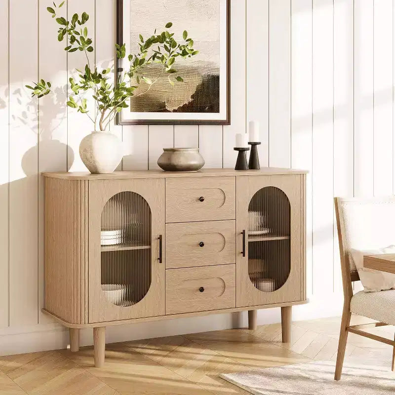 47.2 Sideboard Cabinet with 2 Fluted Glass Doors & 3 Drawers, Modern Farmhouse Accent cabinet with Adjustable Shelves for Kitchen, Living Room