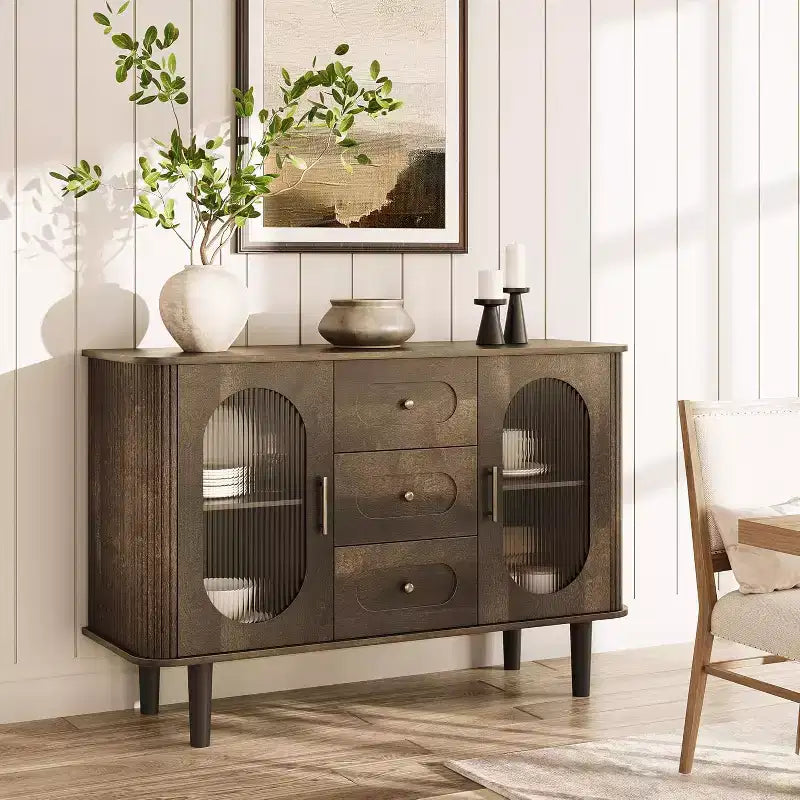Mobile credenza da 120 cm con 2 ante in vetro scanalato e 3 cassetti, mobile d'accento moderno stile coloniale con ripiani regolabili per cucina, soggiorno