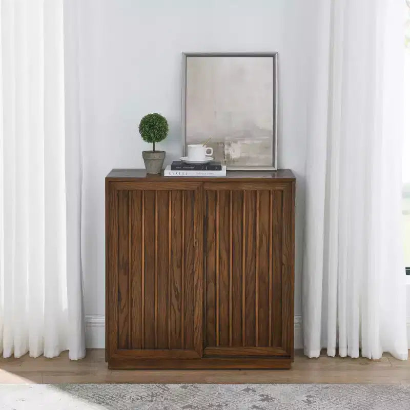 Sideboard Storage Cabinet, Vintage Accent Cabinet with 2 Sliding Doors and Wood Strips, Storage Cabinet for Entryway, Living Room, Hallway