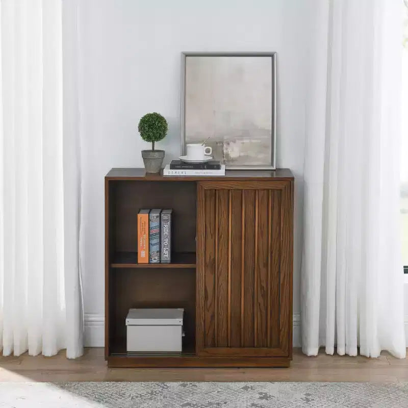 Credenza con ante scorrevoli, Mobile dispensa vintage con 2 ante scorrevoli e listelli in legno, Armadietto per ingresso, soggiorno, corridoio