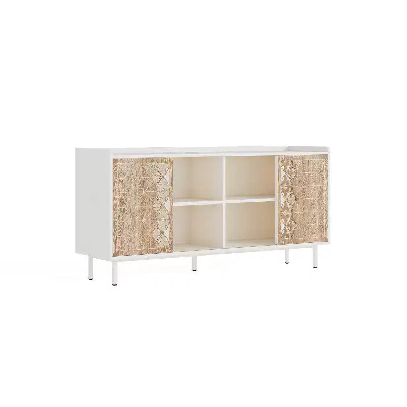 Buffet en bois dur de style médiéval avec portes coulissantes, parfait comme meuble TV, rangement ou armoire décorative dans le salon.