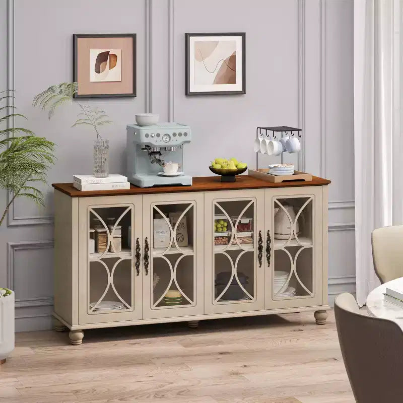 Madia Credenza, Vetrina a 4 Ante con Vetro Temperato, 3 Ripiani Regolabili in Altezza, Mobile Vetrina da Terra per la Casa