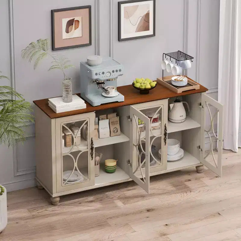 Madia Credenza, Vetrina a 4 Ante con Vetro Temperato, 3 Ripiani Regolabili in Altezza, Mobile Vetrina da Terra per la Casa