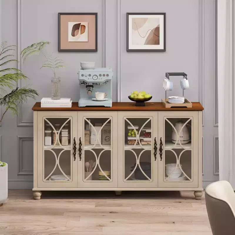 Sideboard Buffet Cabinet, 4-Door Curio Cabinet with Tempered Glass, 3-Height Adjustable Shelves, Floor Standing Display Cabinet for Home