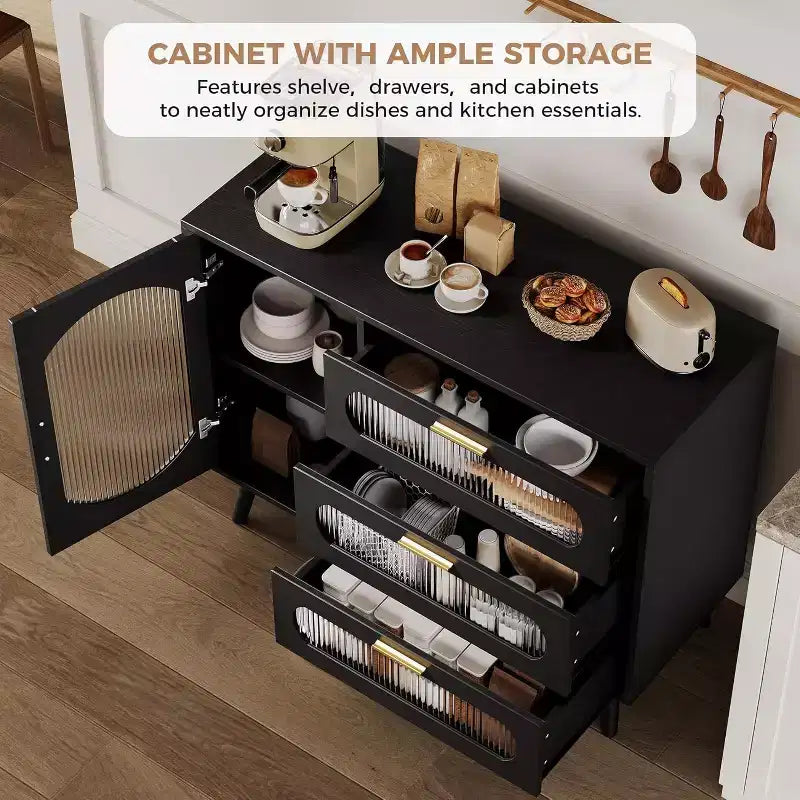 Bahut moderne avec 3 tiroirs spacieux et portes en verre cannelé pour salle à manger, cuisine ou salon, meuble de rangement élégant
