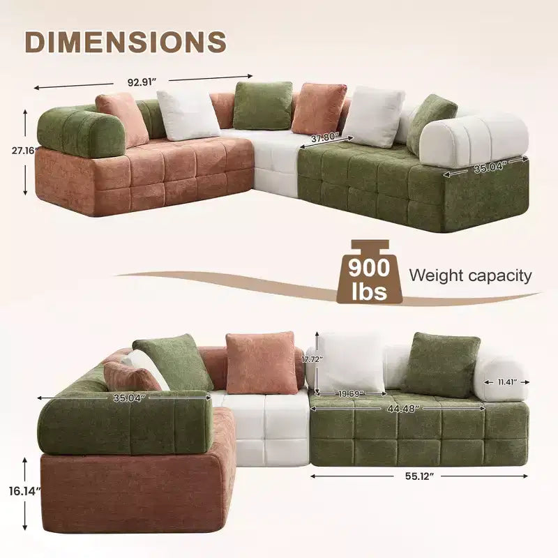 Divano sezionale in ciniglia a 4 posti con braccioli curvi Colorblock larghezza 279,9 cm