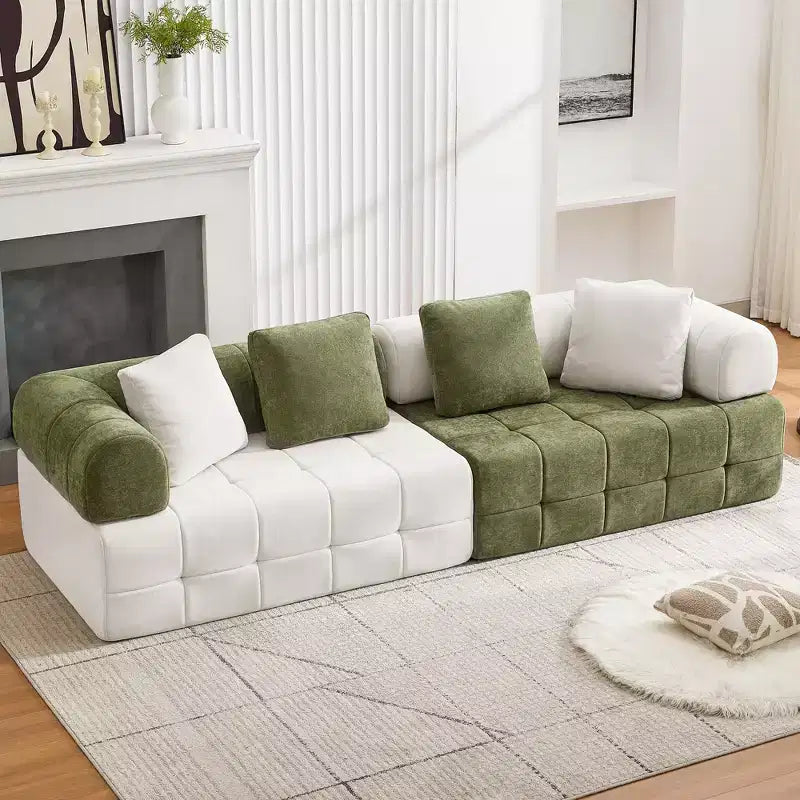 Divano sezionale in ciniglia a 4 posti con braccioli curvi Colorblock larghezza 279,9 cm