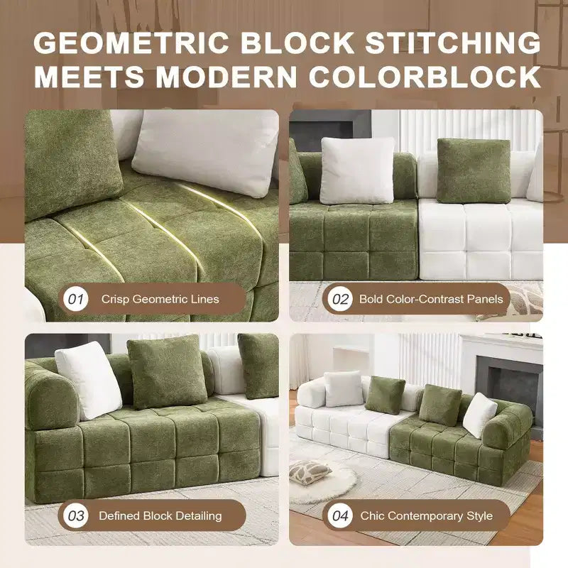 Divano sezionale in ciniglia a 4 posti con braccioli curvi Colorblock larghezza 279,9 cm