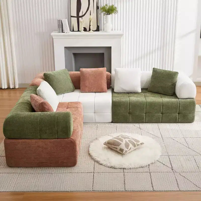 Divano sezionale in ciniglia a 4 posti con braccioli curvi Colorblock larghezza 279,9 cm