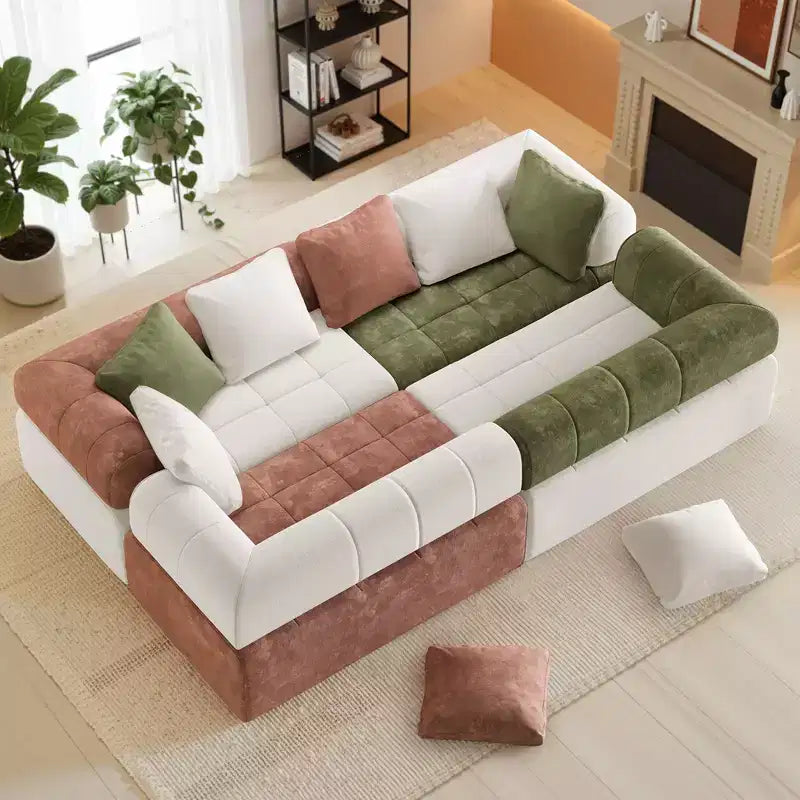 Divano sezionale in ciniglia a 4 posti con braccioli curvi Colorblock larghezza 279,9 cm
